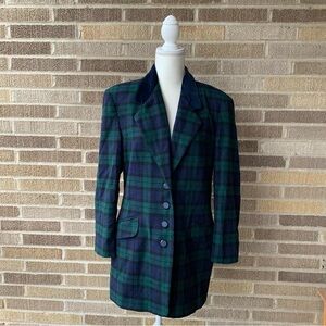 Vintage Wool Blazer Susan Matthew’s New York Plaid Blue Green Velvet Size 14